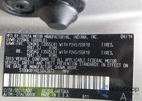 2014 Toyota Highlander Limited Platinum V6/Limited V6 z USA, uszkodzony, nr VIN 5TDDKRFHXES042872